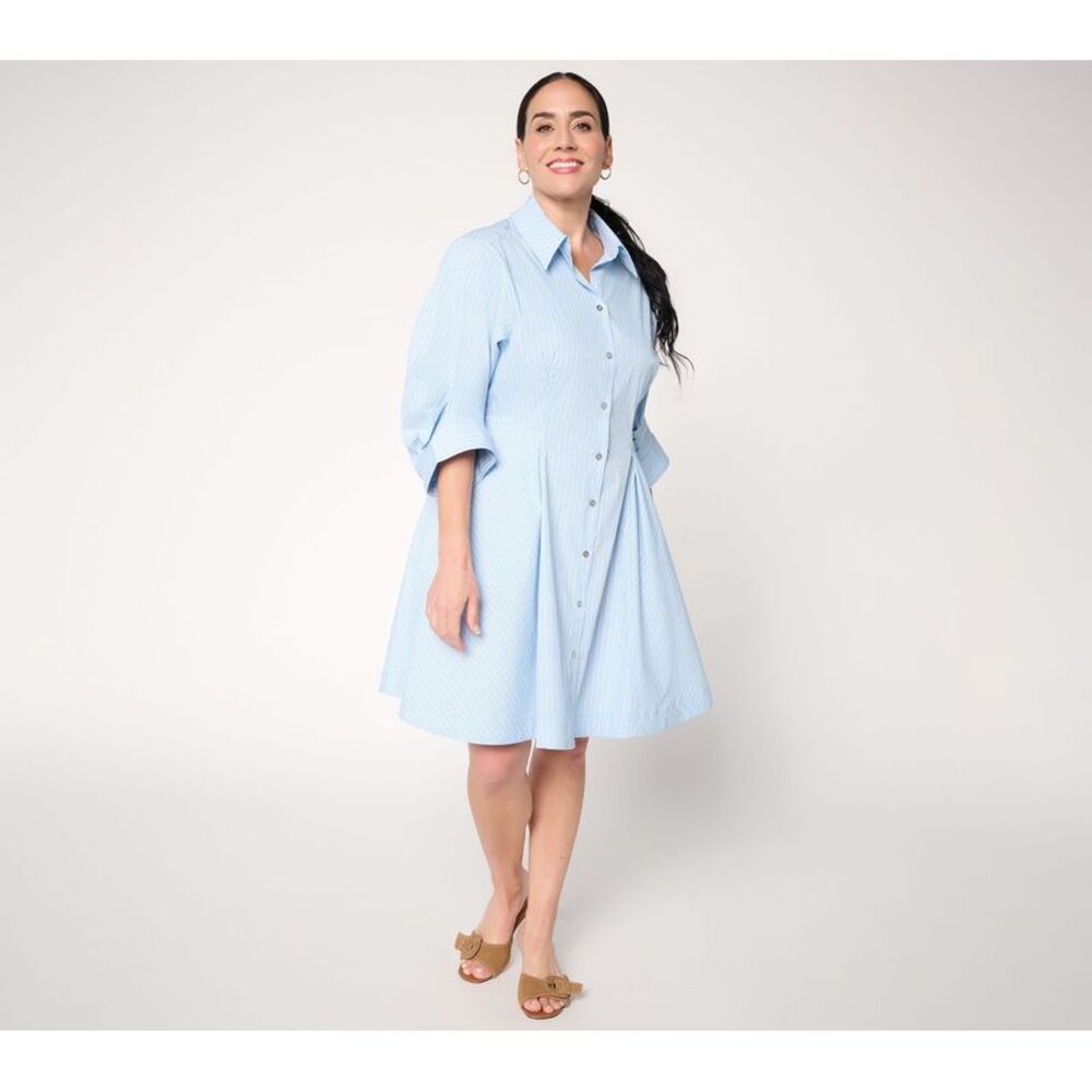 Fashion Women's Plus Sz Dress 3X Stripe Poplin Shirtdress Blue